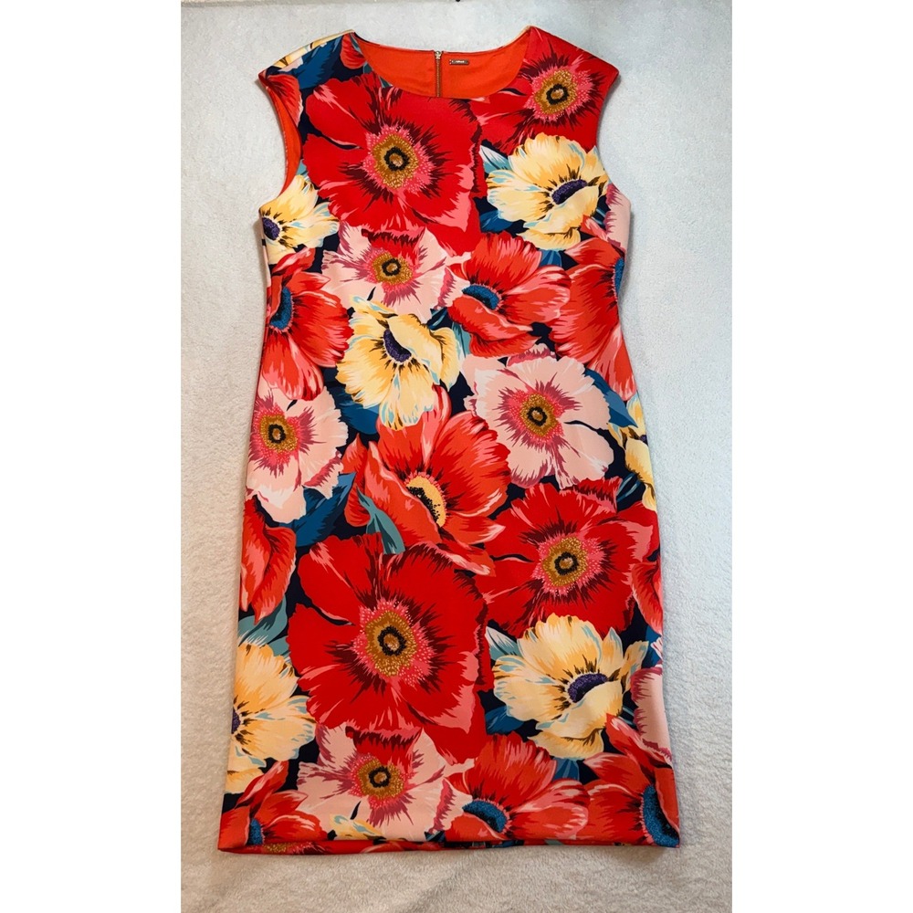 Tahari Red Floral Sleeveless Sheath Dress Scuba Stretch Gold Zip Size 10, NO TAG